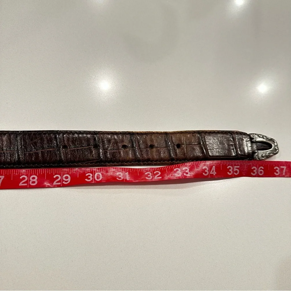 Vintage Ornate Silver Tone and Leather‎ Brown Fossil Belt Size Medium